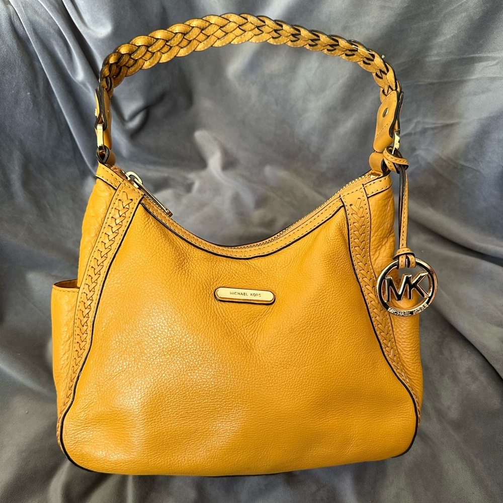 Michael Kors Braided Strap Leather Purse - Mustard Yellow with Gold
